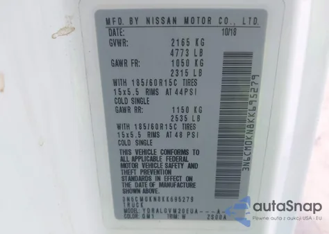 2019 Nissan Nv200 Sv из США, поврежденный, VIN 3N6CM0KN8KK695279